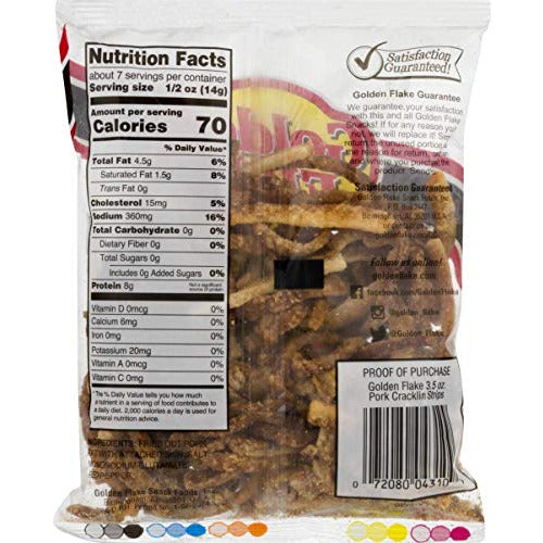 Golden Flake Fried Pork Cracklin Strips Mildly Seasoned with Red Pepper- 3 oz. Bags
