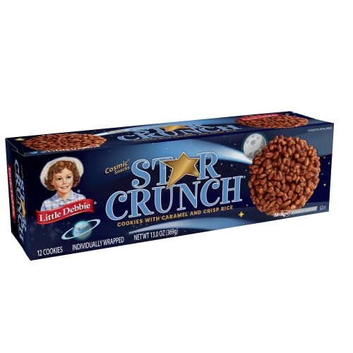 Little Debbie Star Crunch Cosmic Cookies, A soft, chewy cookie topped with caramel and crispy rice and coated with fudge (8 boxes), Brown