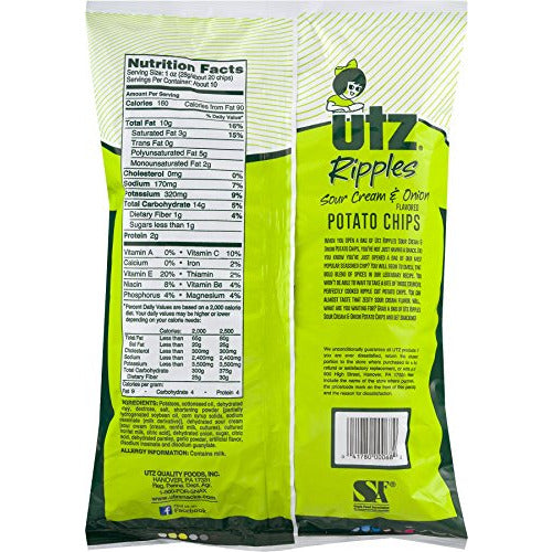Utz Ripples Sour Cream & Onion Potato Chips Family Size, 9.5 OZ, (Pack of 3)