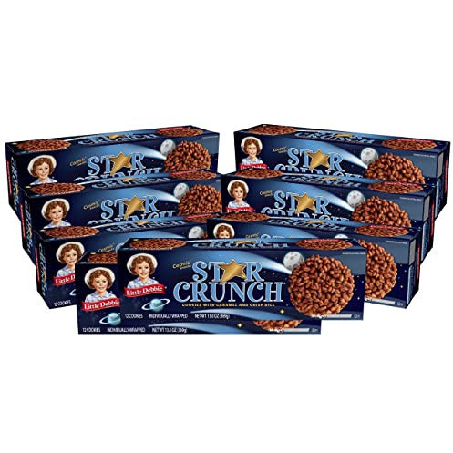 Little Debbie Star Crunch Cosmic Cookies, A soft, chewy cookie topped with caramel and crispy rice and coated with fudge (8 boxes), Brown