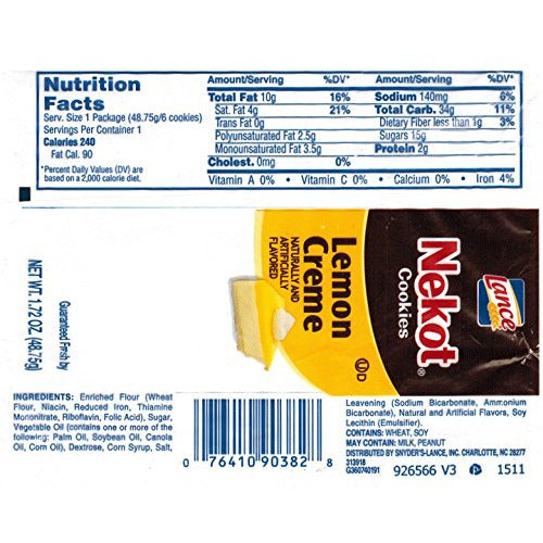 Lance Nekot Cookies Lemon Creme Flavor 1.72-Ounce 6-Cookies Packs (Box of 60 packs)