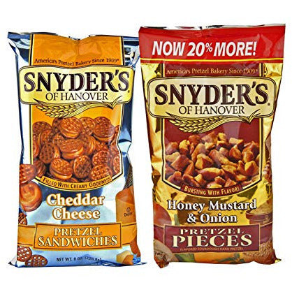 Snyder's of Hanover Pretzel Pieces Variety Pack - Two Delicious Flavors - Honey Mustard & Onion Pretzel Pieces (12 oz) and Cheddar Cheese Pretzel Pieces (8 oz) - Healthy Snacks (Pack of 2 bags)