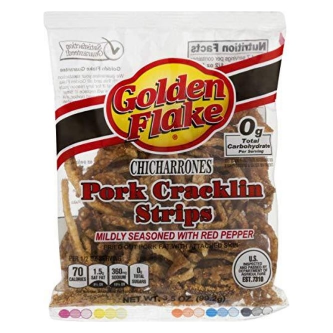 Golden Flake Fried Pork Cracklin Strips Mildly Seasoned with Red Pepper- 3 oz. Bags